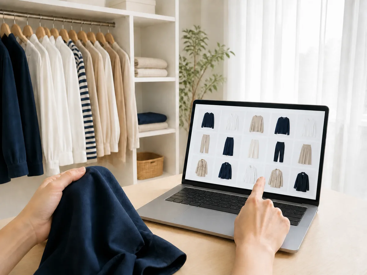 服とパソコンを見比べながら迷っている手元
